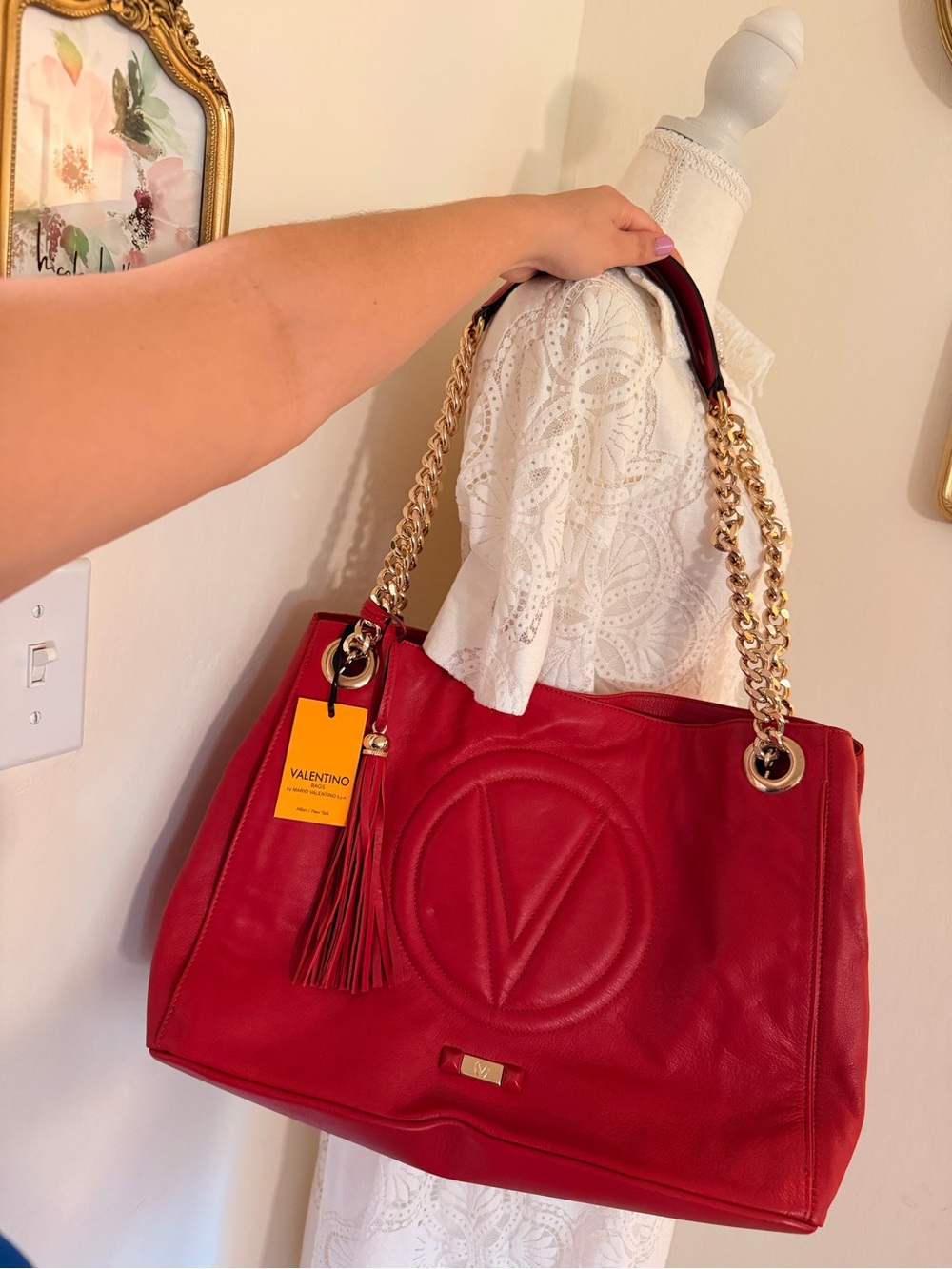 Valentino Red Leather Tote with Gold Chain Straps